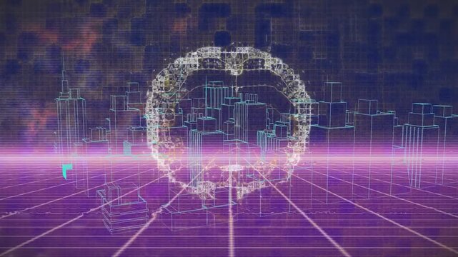 Animation of rotating brain over glowing pink grid and city buildings at night