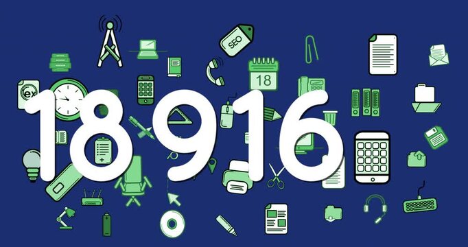 Digital animation of multiple school concept icons against mathematical equations on blue background