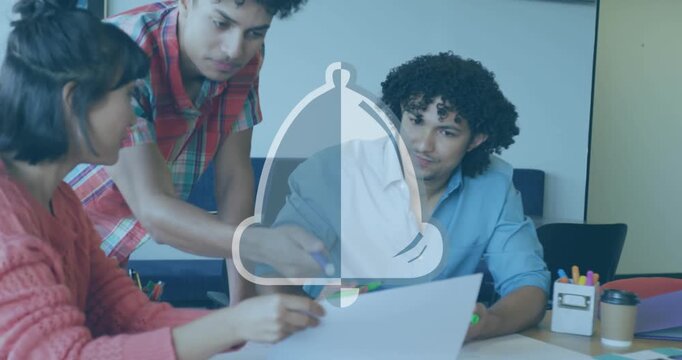 Animation of bell icons over diverse business people in office
