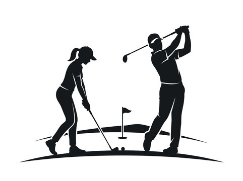 Golf players couple hitting golf ball on course vector illustration
