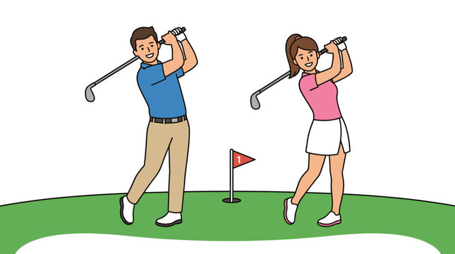 Happy couple playing golf on a green course vector illustration design