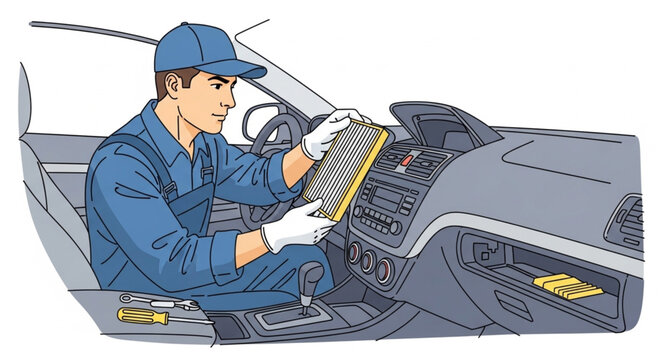Mechanic performing car air filter replacement inside vehicle interior.