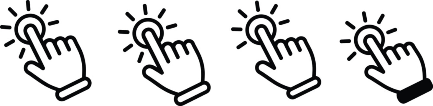 Set of hand clicker icons with finger pointing and touch gestures representing digital interaction website navigation user interface online selection and modern technology vector illustration.