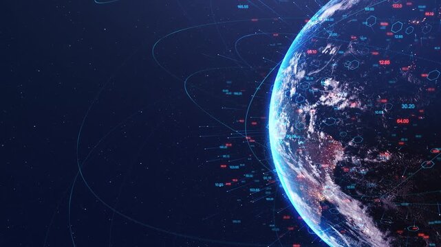 Blue Globe Planet Digital Circuit data lines elements tech network, AI, blockchain world maps, innovation systems displays, space tech visuals, data earth. branding, worldwide communication systems