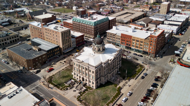 Drone view of Bloomington Illinois courthouse and surrounding downtown blocks