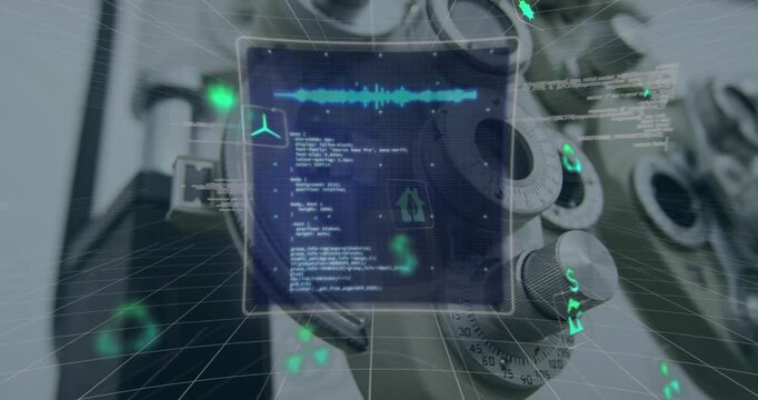 Animation of data processing and ecology icons over microscope