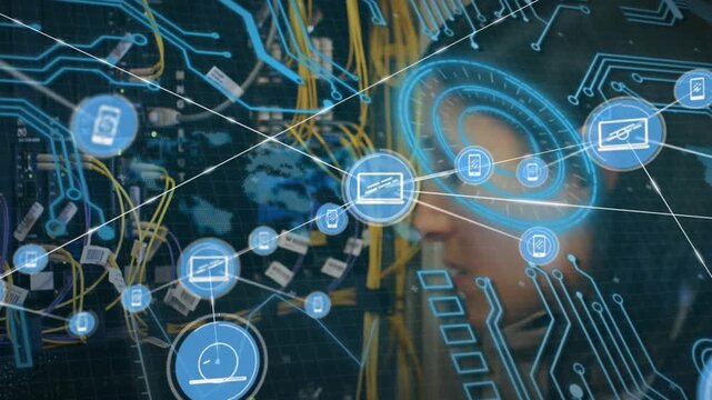 Animation of network of connections over server room and caucasian female worker