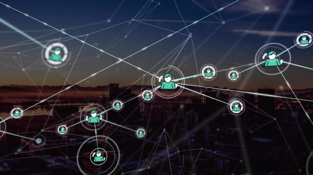 Animation of connected icons over aerial view of silhouette of city against cloudy sky and mountains