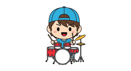 Obraz premium Young Boy Playing Drums Energetically Outdoors.
