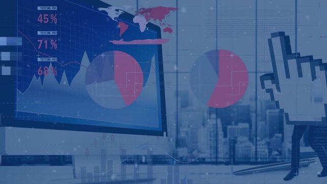Animation of white particles over statistical data processing against computer at office