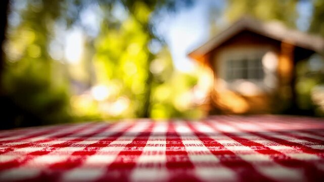 Spring Summer outdoor leisure relaxation activity. A closeup shot of a red and white checkered tablecloth on a wooden table. The tablecloth is in sharp focus, while the background is blurred.