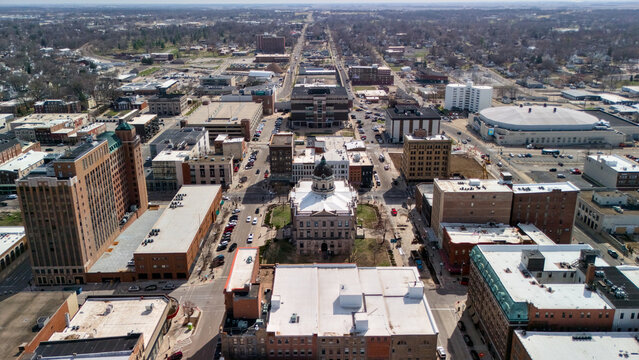 Drone view of Bloomington Illinois city center with courthouse and downtown