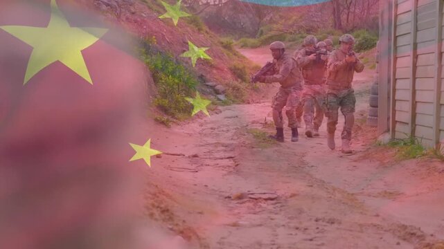 Animation of flag of usa and china over diverse soldiers