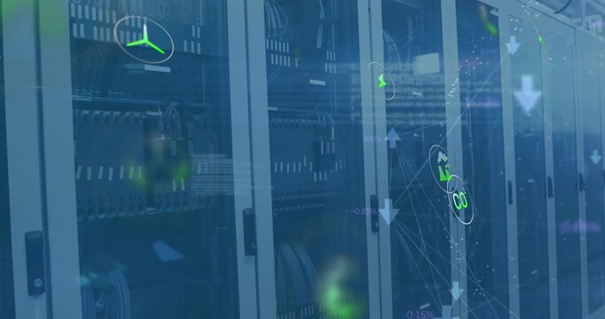 Animation of eco icons and data processing over computer servers