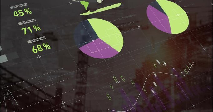 Animation of multicolored infographic interface over under construction building against sky