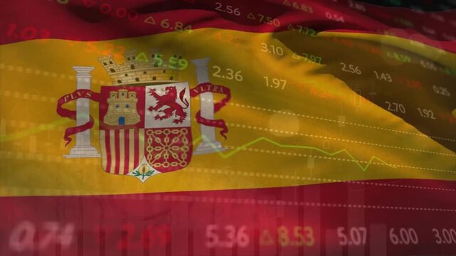 Animation of financial data processing over flag of spain