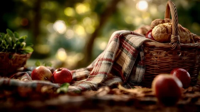 Spring Summer outdoor leisure relaxation activity. A still life photograph captures a serene outdoor setting. A woven basket filled with fresh apples and a loaf of bread rests on a checkered cloth.