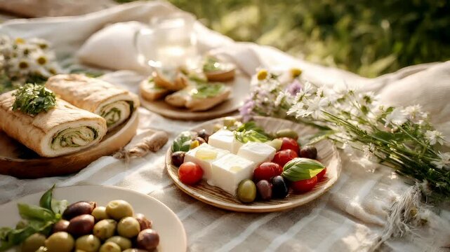 Spring Summer outdoor leisure relaxation activity. A vibrant outdoor picnic scene features a variety of food items arranged on a rustic cloth spread out on a grassy field.