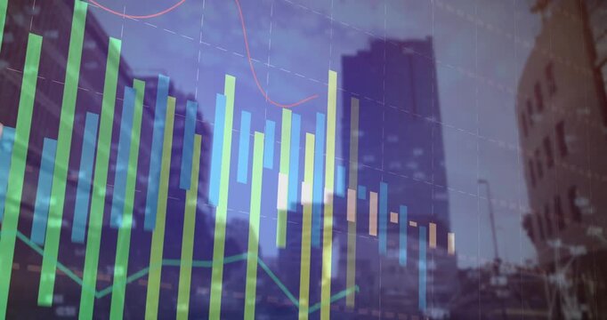 Opening green bar chart showing bars rising and adjusting while lines undulating showing stability
