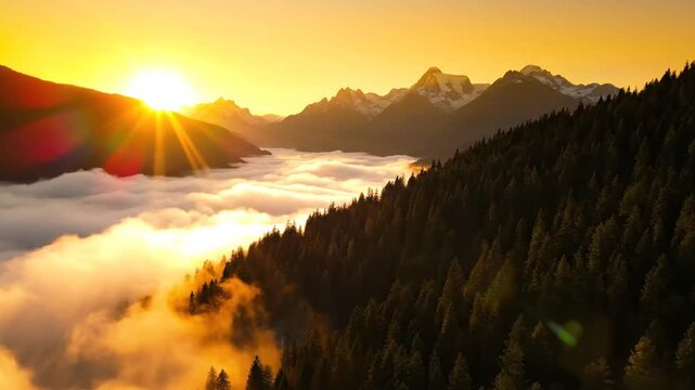 Sunrise over a mountain range with a thick layer of clouds filling the valley floor, sunlight hitting a dense evergreen forest on a hillside with snow-capped peaks in the distance.