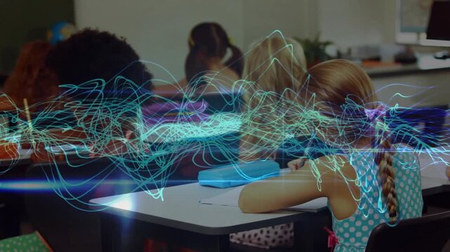 Students writing at desks in classroom, animated waveform sweeping left-right, showing lesson