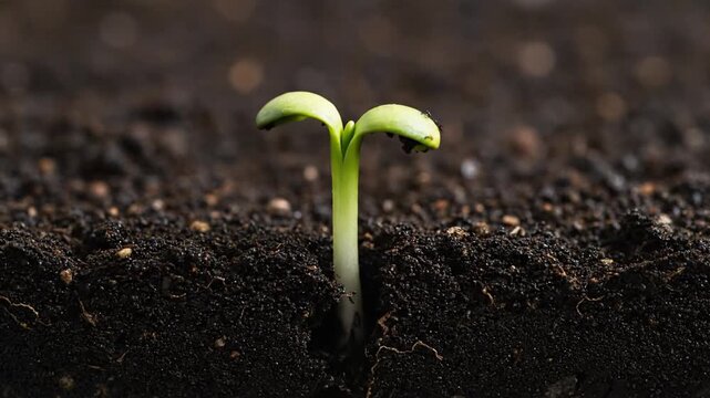 Time lapse of a tiny green seedling emerging from dark soil, symbolizing growth and new life.