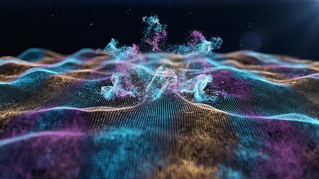 Dynamic particle wave effect, abstract digital landscape with swirling colors and glowing lights, shimmering surface, motion graphics, symbolizing data flow, complexity