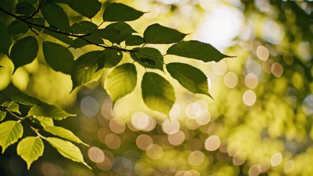 Close-up of translucent green leaves on a tree branch backlit by bright sunlight showing detailed leaf veins and textures against a soft warm golden bokeh background.