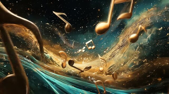 Abstract illustration of musical notes swirling in a cosmic space