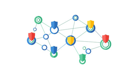 Fototapeta premium Secure network connection icon with shield symbols protecting data points in a decentralized system, emphasizing cybersecurity and digital safety