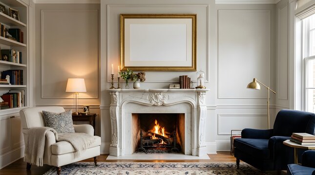Elegant classical living room interior featuring ornate marble fireplace with burning fire and gold picture frame mockup on wall between stylish armchairs and built in bookshelves decor scene.