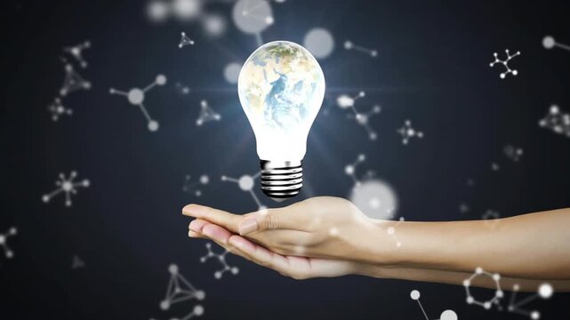 Hands entering, cupping, raising hovering bulb with rotating globe, showing tech concept amid nodes