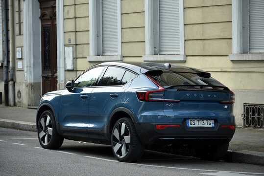 Mulhouse - France - 10 April 2026 - rear view of blue Volvo C40 parked in the street