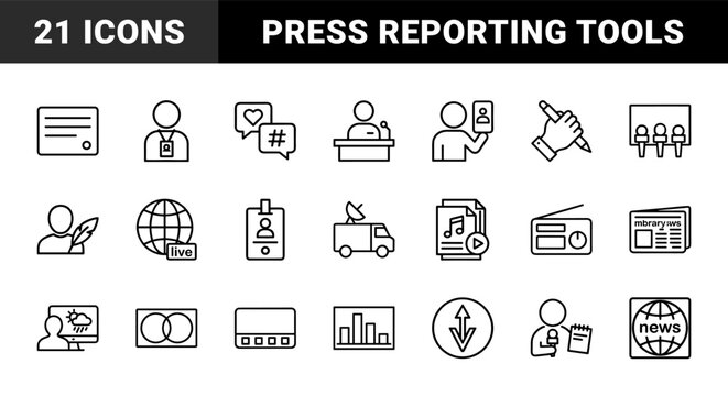 Journalism and mass media outline icons for news reporting and broadcasting