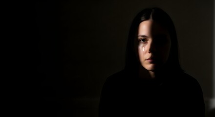 Fototapeta premium Close up portrait of a young woman with tear in her eye, lit by a single light source in a dark room