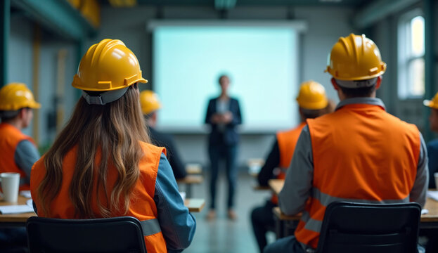 Construction workers are having a meeting in an industrial building with a woman explaining in front of a screen.