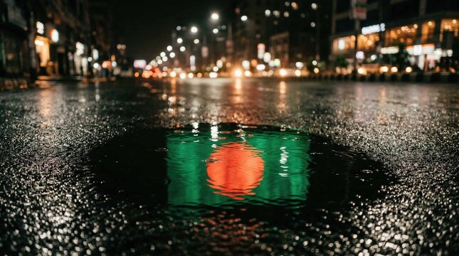 Reflection of Bangladesh flag in a puddle on a wet city street at night