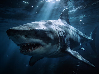 Obraz premium Cinematic megalodon emerging from dark ocean depths