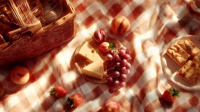 Spring Summer outdoor leisure relaxation activity. A still life composition features a rustic picnic setting. A wicker basket filled with various items sits on a checkered red and white cloth.