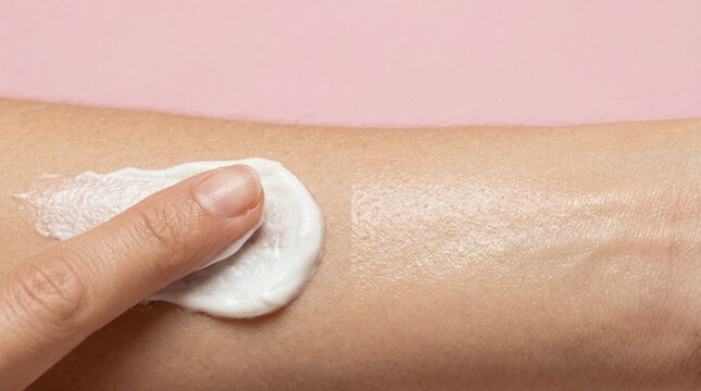  Macro close-up of white cream being rubbed into skin, disappearing texture, before-after concept, copy space top
