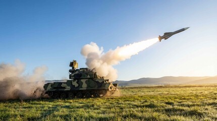 Naklejka premium Modern surface-to-air missile system launching a projectile rapidly