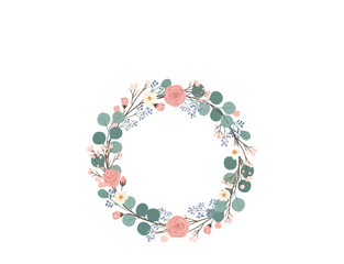 Naklejka premium floral wreath with pink roses and eucalyptus leaves on white background