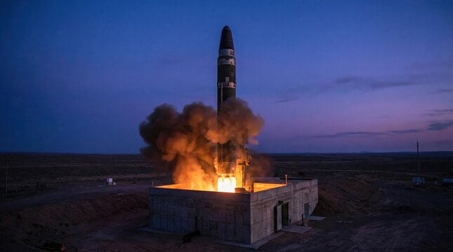 Intercontinental ballistic missile launch at twilight with intense flames and smoke billowing