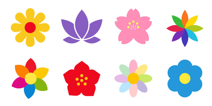A collection of vibrant floral icons in a flat style. Various simple, stylized, vibrant flowers.