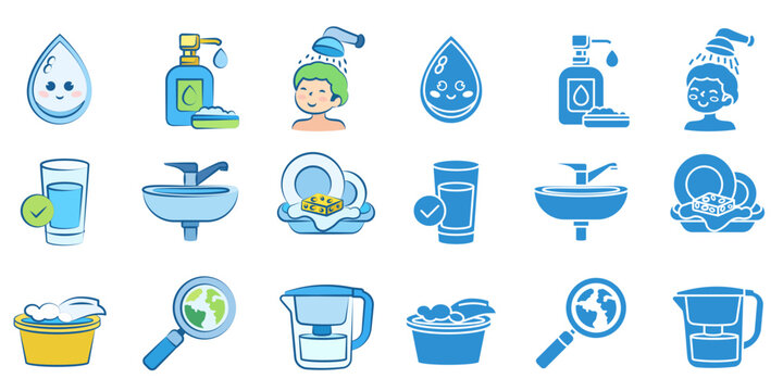 A set of flat-style icons related to hygiene, cleanliness, and water use.