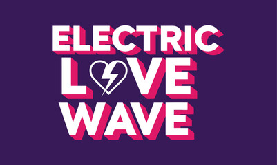 Obraz premium Electric love wave text design with heart and lightning bolt icon on purple background t shirt design electric typography lightning connection intensity affection t shirt design