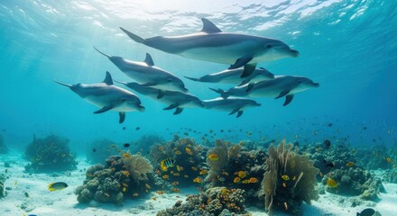Naklejka premium dolphins swimming underwater coral reef