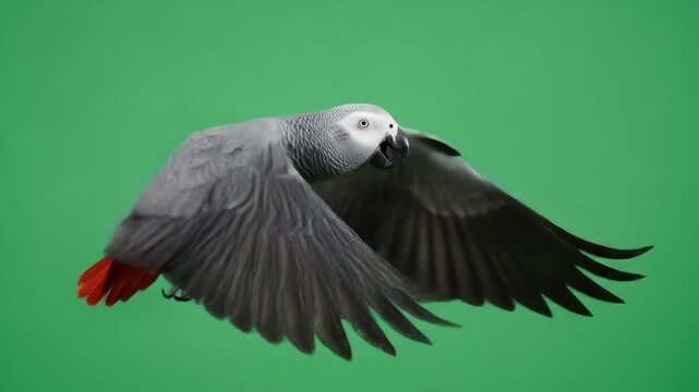 African Grey Parrot in Flight Against a Green Screen Background.