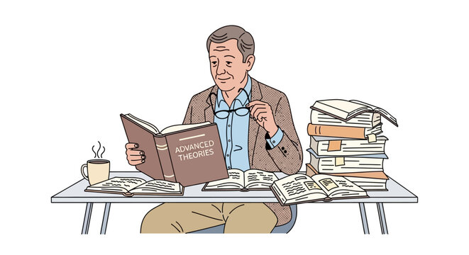 Man sitting at desk with books.