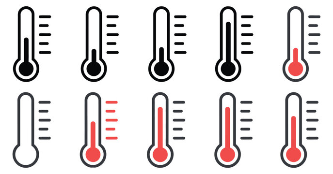 Thermometer temperature gauge icons set, black and red style vector illustration